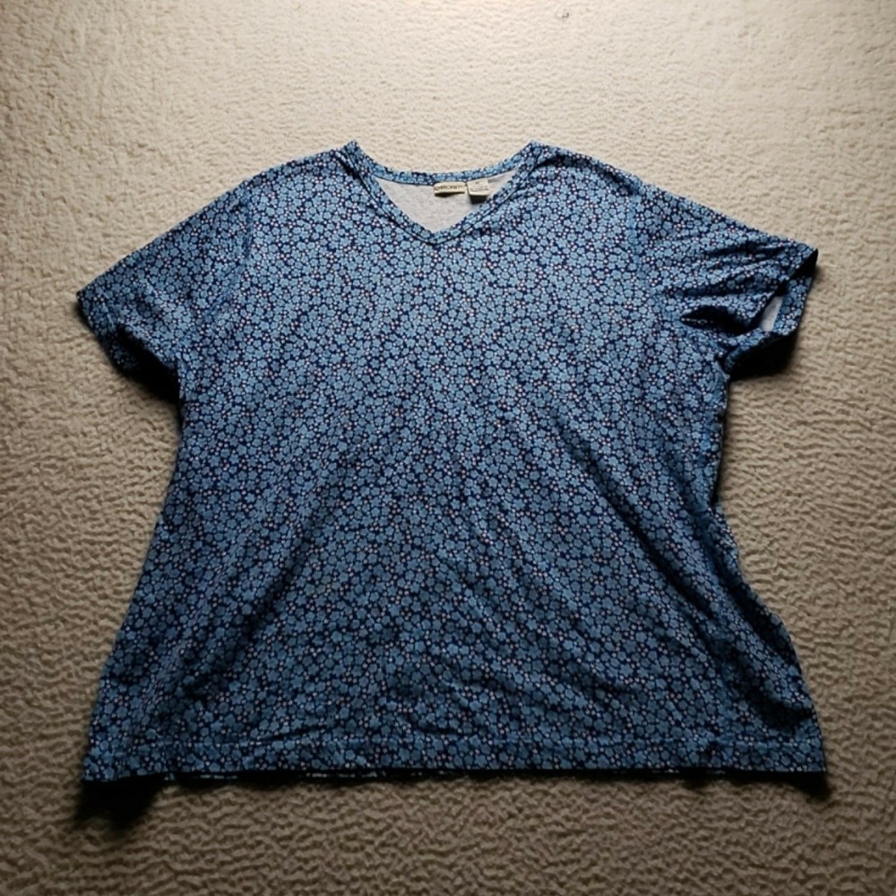 Cherokee Shirt Womens Plus 2X Blue Floral 100% Cotton V Neck T Shirt Casual